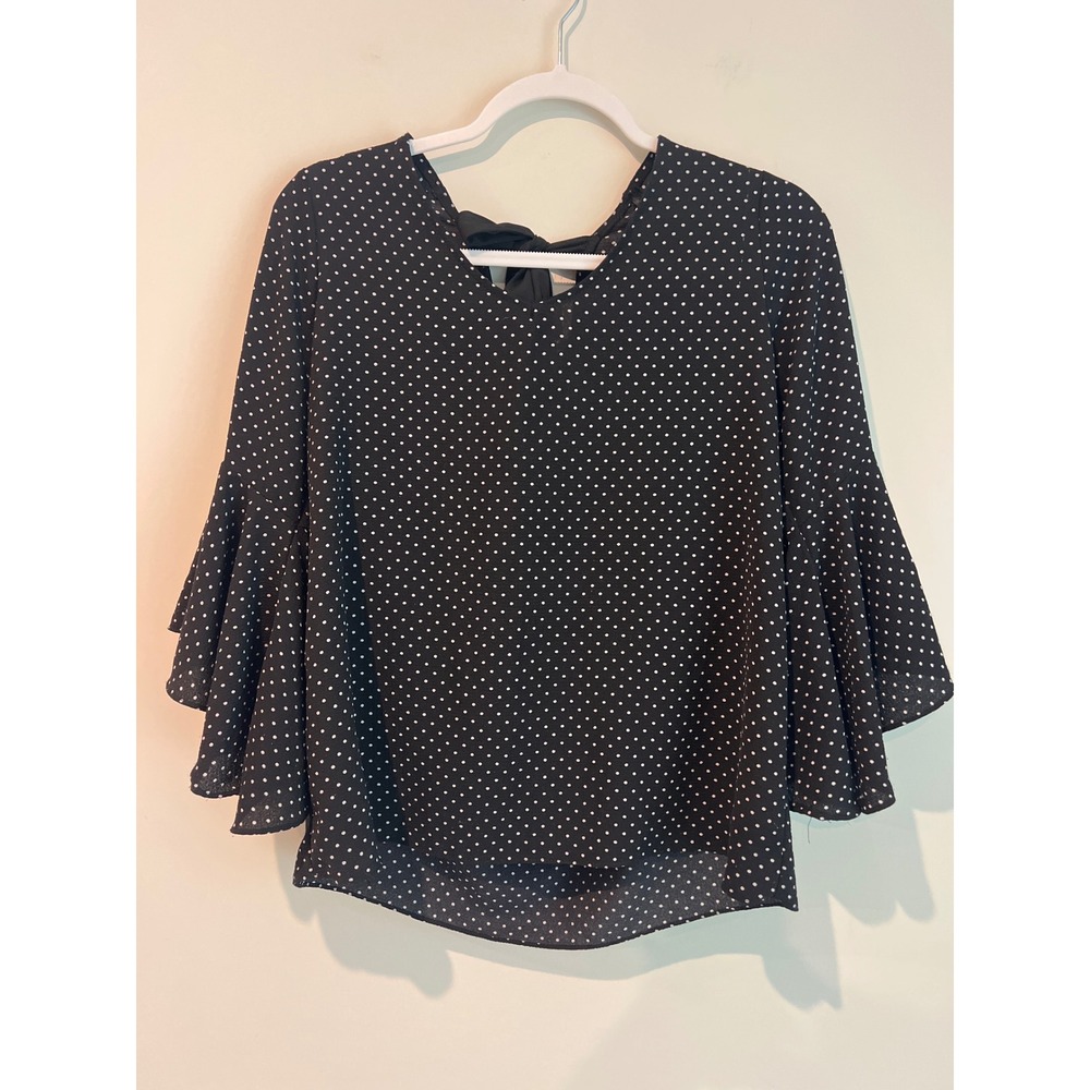 GREEN ENVELOPE Polka‎ Dot Bell Sleeve Tie Back Blouse Women's Medium Black White
